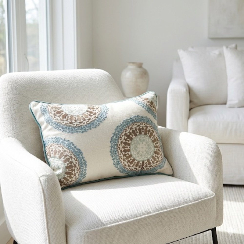 Pier 1 Medallion Lumbar Pillow Embroidered Cotton Cream Blue 18x12